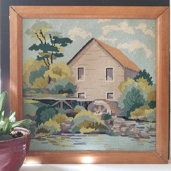 Vtg NEEDLEPOINT Tapestry- Cottage and Water Mill - Picture 2 of 10